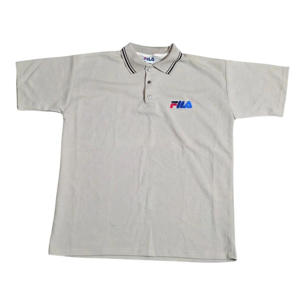 Vintage FILA Polo Shirt Beige Short Sleeve Logo Embroidered Medium (Fits‎ L/XL)